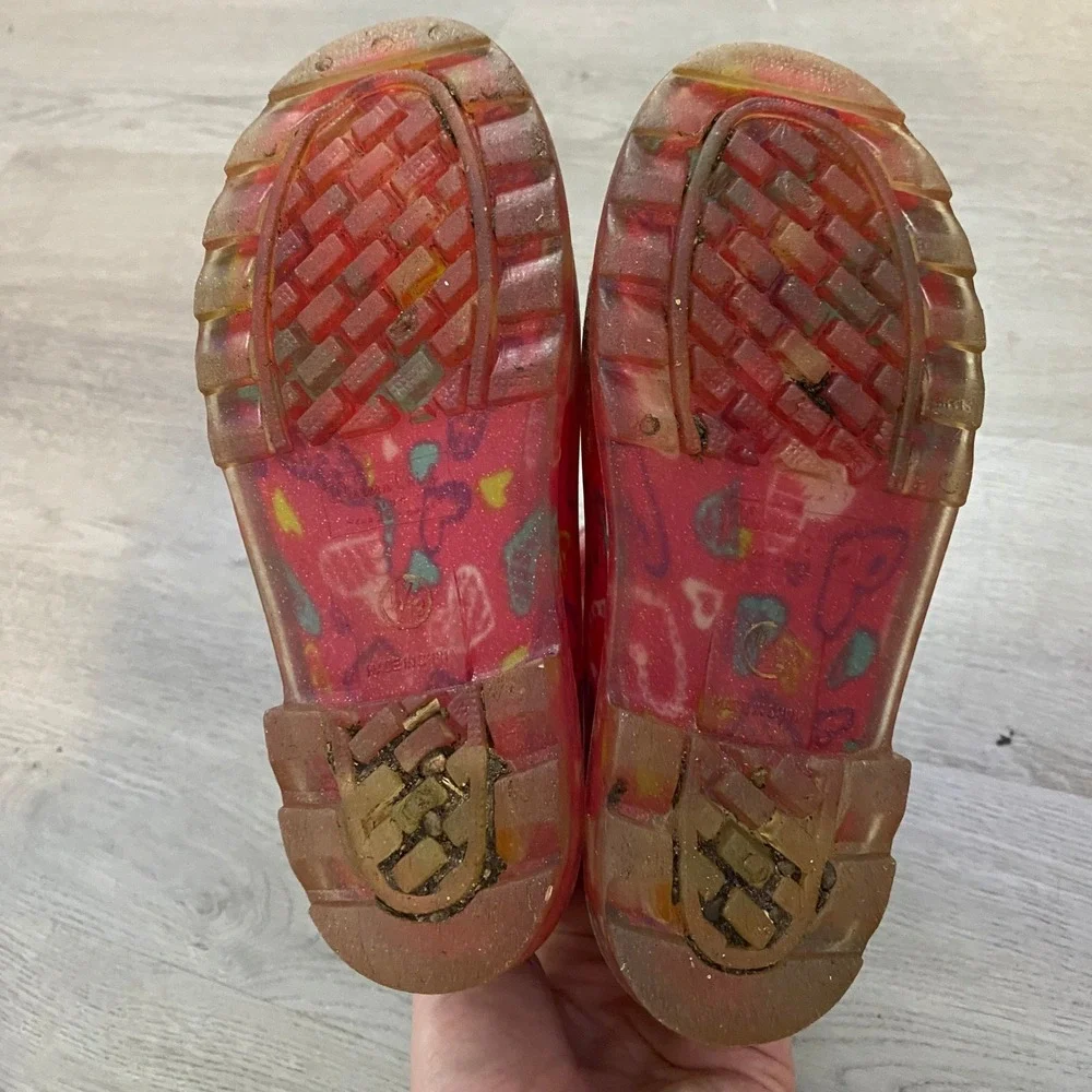 Western Chief Rain Boots Kids Size 11/12 Pink Heart Print Glitter Sole Pull On